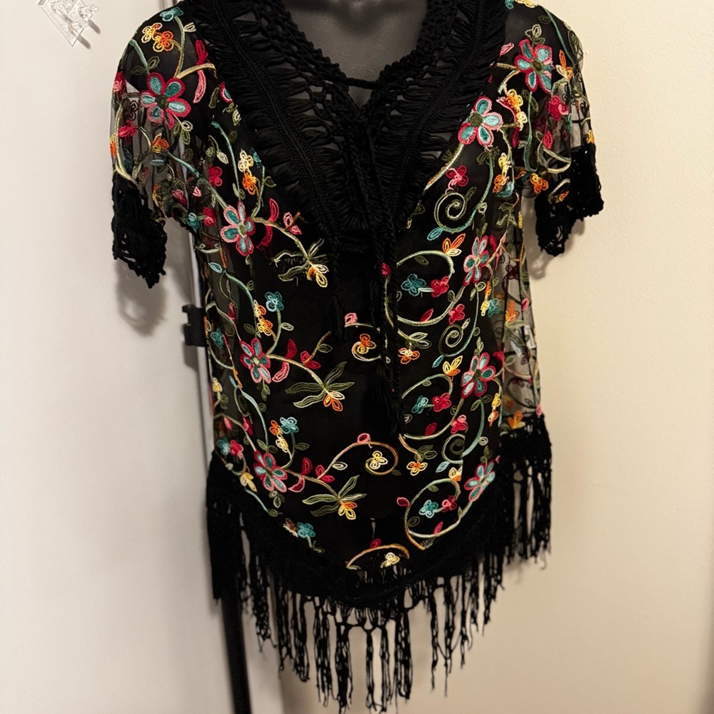 Marca Amit Embroidered Black Sheer Top Fringe‎ cover up
